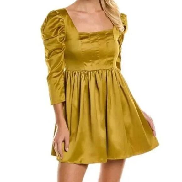 Revolve Mirabel Satin Mini Babydoll Dress Gold Chartreuse Size S NWT - Picture 3 of 14
